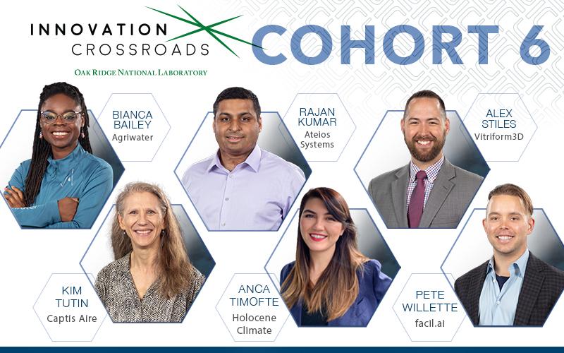 Innovation Crossroads Cohort 6 includes: Bianca Bailey, Agriwater; Rajan Kumar, Ateois Systems; Alex Stiles, Vitriform3D; Kim Tutin, Captis Aire; Anca Timofte, Holocene Climate; and Pete Willette, facil.ai. Credit: ORNL, U.S. Dept. of Energy