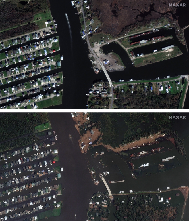 Before and after satellite images captured by WorldView-2 show the destruction in Barataria, Louisiana, following Hurricane Ida in August 2021