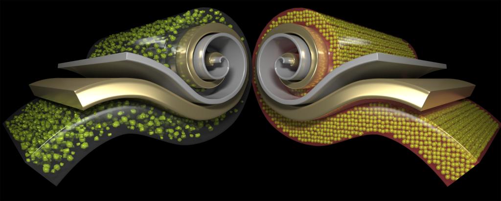 Researchers have developed a new hydrothermal synthesis method that makes a cobalt-free cathode material with more uniform, round, tightly packed particles, shown at right, than is common in today’s cathodes, shown at left, maintaining more stability throughout a charging cycle. Credit: Andy Sproles/ORNL, U.S. Dept. of Energy