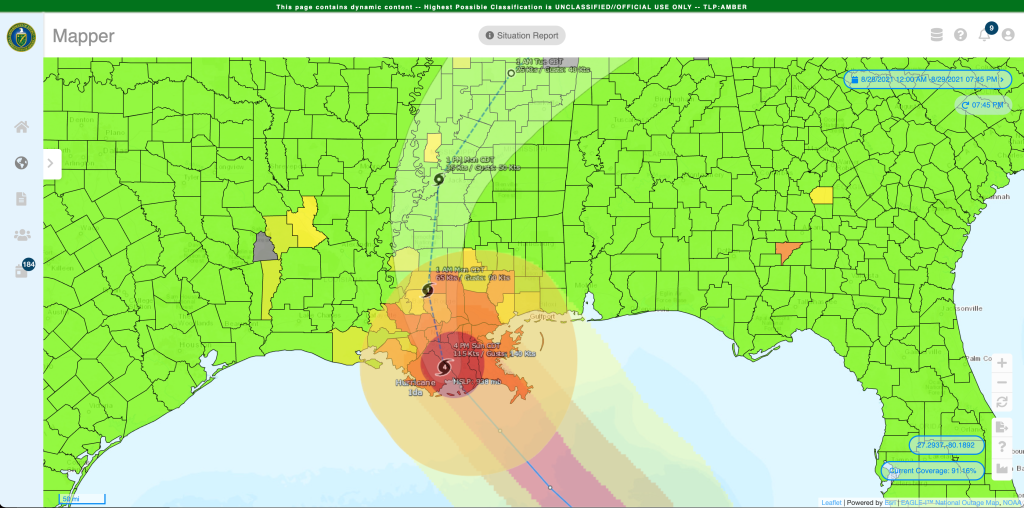 A map showing power outage by county during a hurricane.