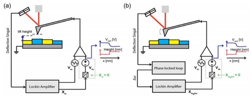 Simple schematic describing an (a) AM- and (b) FM-KPFM experimental setup. Reprinted from (Collins, 2018, ROPP)