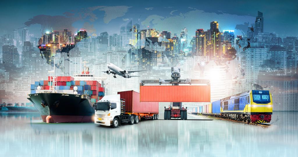 Stock image collage of a shipping boat, a semi-truck, a train, and shipping containers.