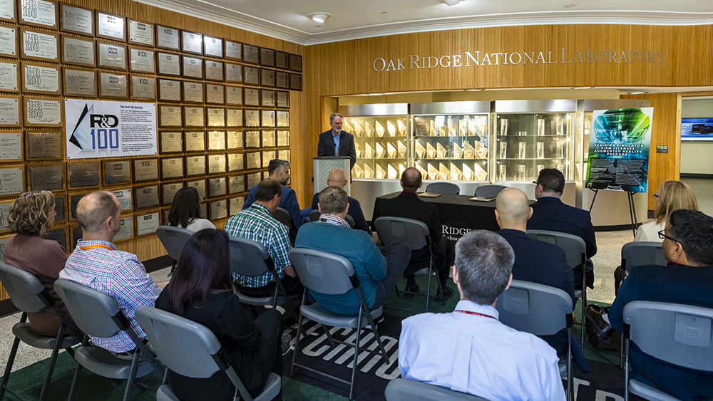 Mickey Wade, associate laboratory director for the Fusion and Fission Energy and Science Directorate, addresses attendees of an event to celebrate the licensing of an augmented reality technology to Teletrix. Credit: Carlos Jones/ORNL, U.S. Dept. of Energy