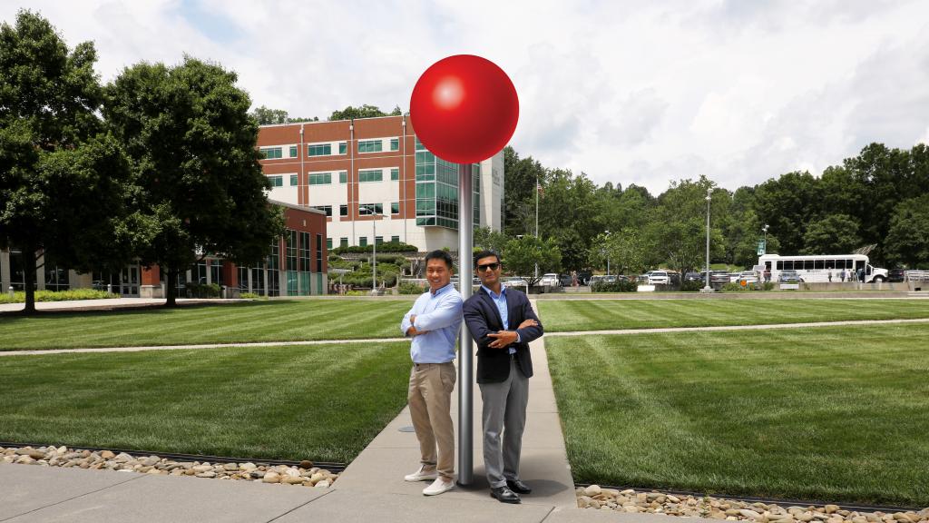 Junchuan Fan and Gautam Thakur helped develop MapSpace, a land-use modeling framework developed from natural language data, geotagging and global location data. Credit: Lena Shoemaker/ORNL, U.S. Dept. of Energy