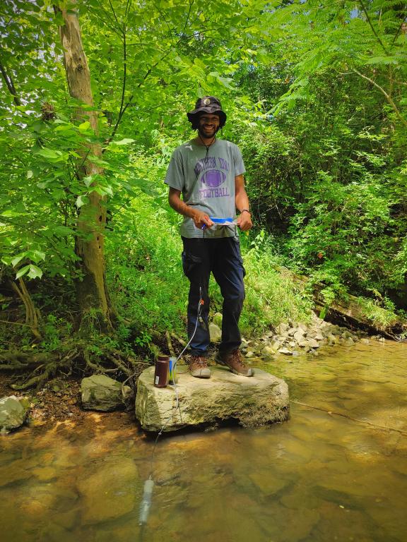 Summer intern Deandre “Dre” Presswood collects environmental samples on the Oak Ridge Reservation. Credit: Marie Kurz/ORNL, U.S. Dept. of Energy