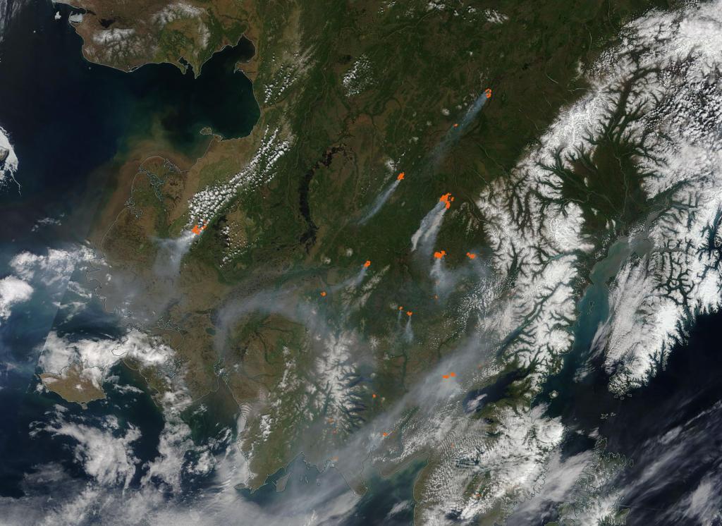 A NASA satellite image from June 8, 2022, reflects smoke and red “hot spots” of wildfire resulting from more than a dozen active fires in southwest Alaska, as the largest tundra fire on record at the time burned hundreds of thousands of acres in the Yukon Delta. Source: NASA MODIS
