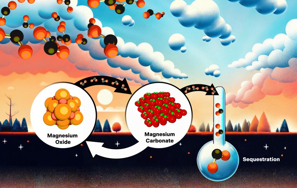 In a proposed carbon-capture method, magnesium oxide crystals on the ground bind to carbon dioxide molecules from the surrounding air, triggering the formation of magnesium carbonate. The magnesium carbonate is then heated to convert it back to magnesium oxide and release the carbon dioxide for placement underground, or sequestration. Credit: Adam Malin/ORNL, U.S. Dept. of Energy