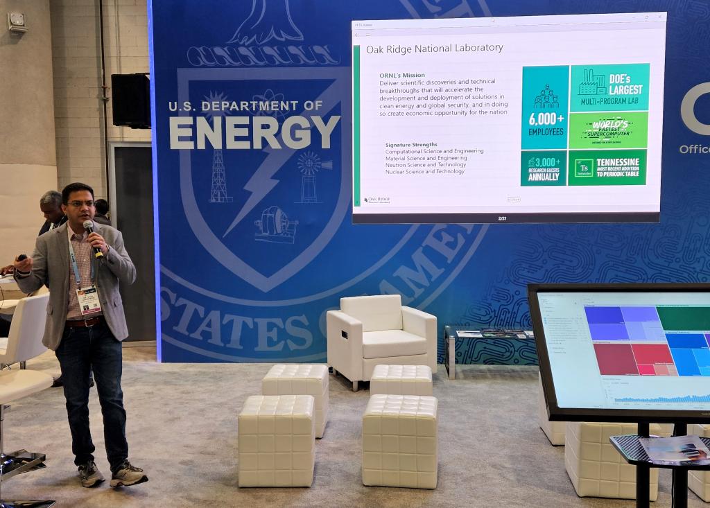 Veda Galigekere, an ORNL scientist in the Electric Drives Research group, presents ORNL’s work in wireless power transfer to attendees of CES 2024 in Las Vegas. Credit: Karen Dunlap/ORNL, U.S. Dept. of Energy