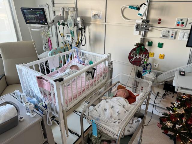 Baby Dottie, left, named for Ashley’s grandmother, was a NICU resident for 41 days, while Bear, right, officially “graduated” from the NICU after 10 days. The family spent Christmas in the NICU.