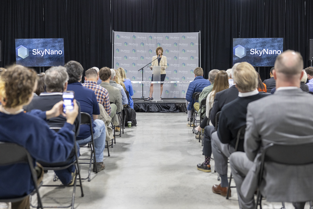 Susan Hubbard, ORNL deputy for science and technology, speaks to the audience at a ribbon-cutting event for SkyNano’s new facility. Credit: Carlos Jones/ORNL, U.S. Dept. of Energy