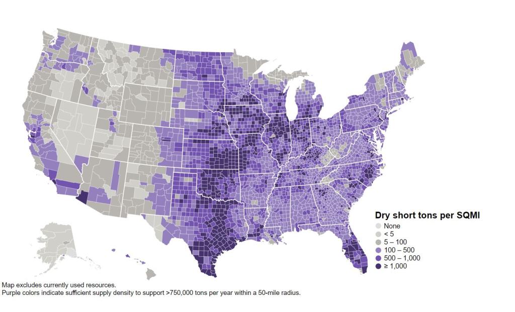 The 2023 Billion-Ton Report identifies feedstocks that could be available to produce biofuels to decarbonize the transportation and industrial sectors while potentially tripling the U.S. bioeconomy. The map indicates a mature market scenario, including emerging resources. Credit: ORNL/U.S. Dept. of Energy