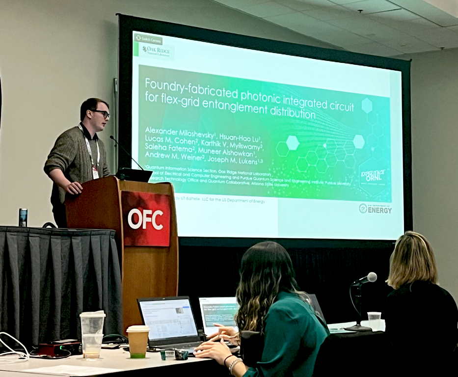 ORNL postdoctoral research associate Alex Miloshevsky presents his novel research in quantum networks at the 2024 OFC conference.