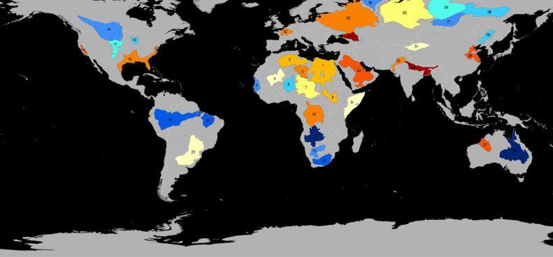 New research predicts peak groundwater extraction for key basins around the globe by the year 2050. The map indicates groundwater storage trends for Earth's 37 largest aquifers using data from the NASA Jet Propulsion Laboratory GRACE satellite. Credit: NASA
