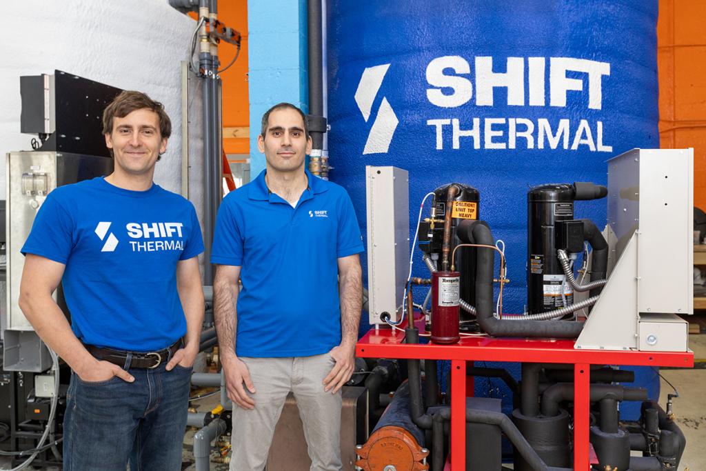 Shift Thermal co-founders Mitchell Ishamel, left, and Levon Atoyan stand in front of one of the company's ice thermal energy storage modules, which will be submitted to independent measurement and validation testing in May. Credit: Genevieve Martin/ORNL, U.S. Dept. of Energy