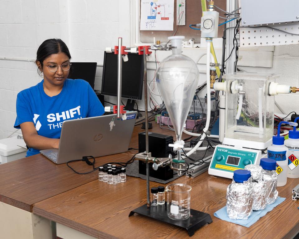 Sonya Sokhey works at her lab bench where she also conducts materials durability testing. Credit: Genevieve Martin/ORNL, U.S. Dept. of Energy