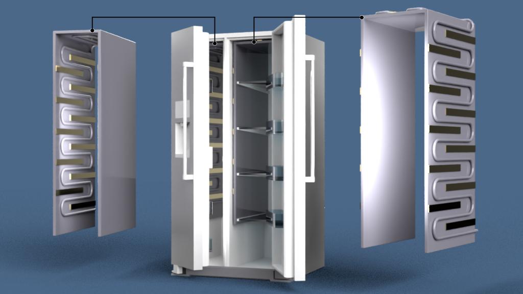Blue background with three rectangles. The first and third silver rectangles are showing the inside metal part of a fridge with small alternating horizontal rectangles going down the side in darker grey/silver.