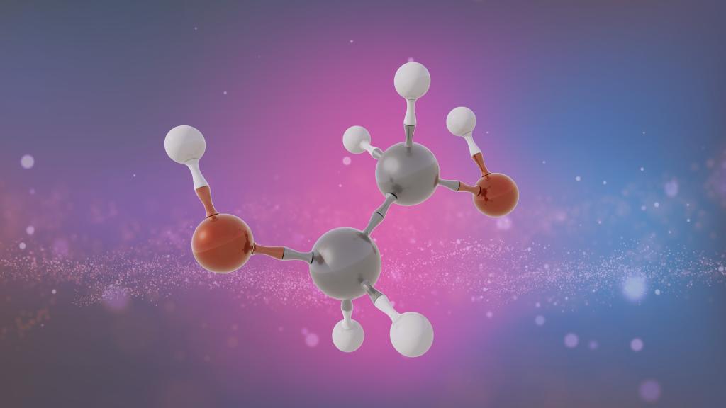 The image depicts a molecule made up of 6 white balls, two smaller red balls and two larger grey balls. This molecule is against a pink, blue and purple background.