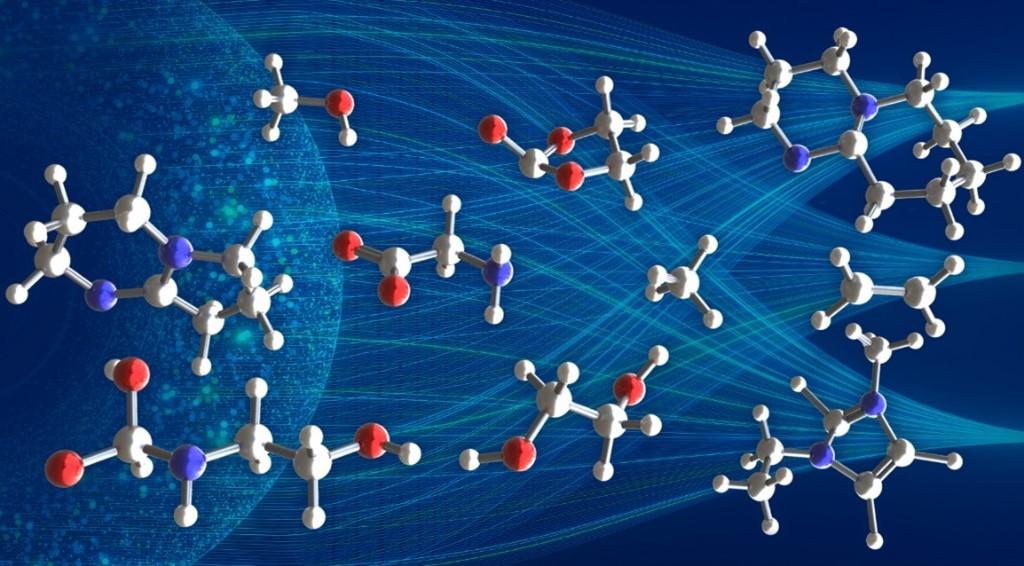 Digital image of molecules would look like. There are 10 clusters of these shapes in grey, red and blue with a teal blue background