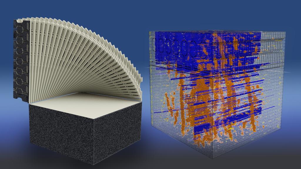 The photo is of a 3D-printed part -- a big grey block with a grey fan like structure coming out from the top. To the right shows a digital copy in an AI model. 