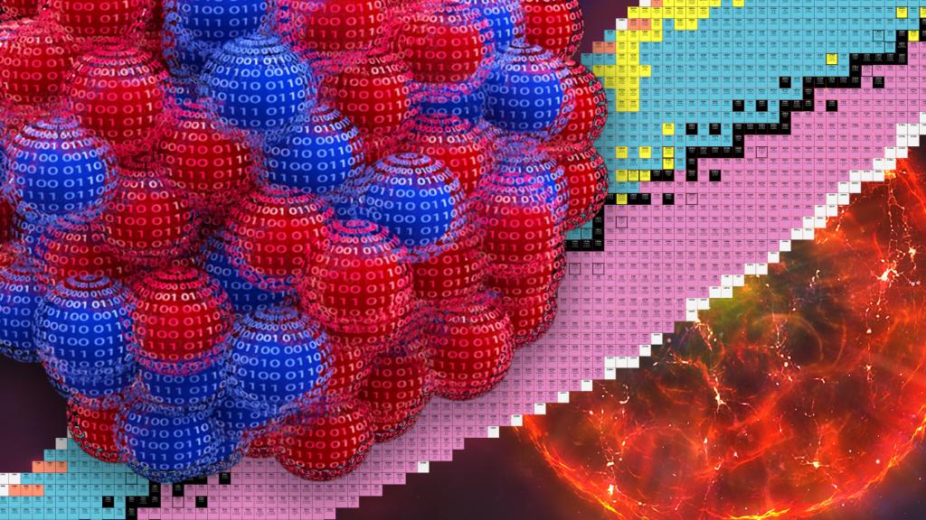 The Frontier supercomputer simulated magnetic responses inside calcium-48, depicted by red and blue spheres. Insights into the nucleus's fundamental forces could shed light on supernova dynamics.