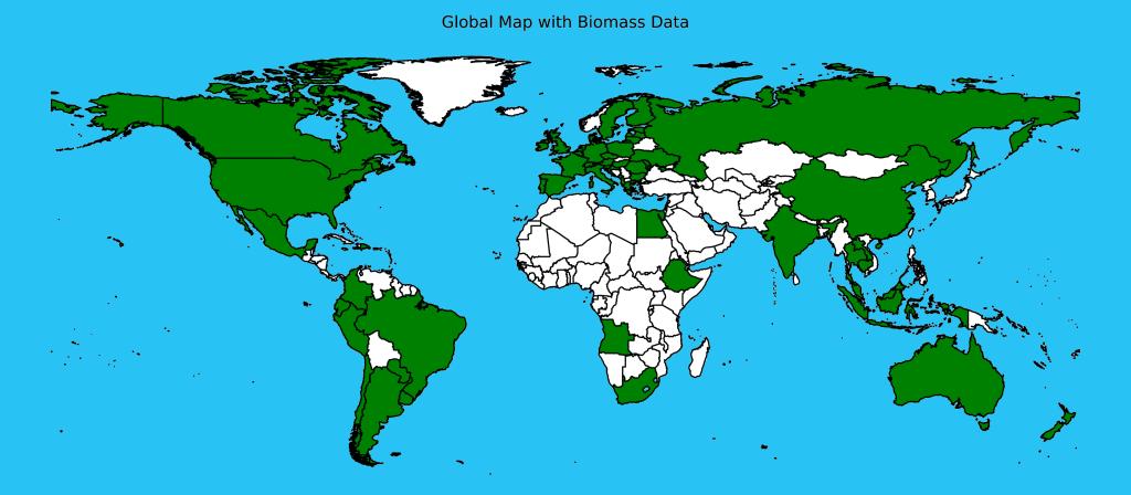 A new Global Biomass Resource Assessment developed by ORNL scientists gathered data from 55 countries, shaded in green, resulting in a first-of-its kind compilation of current and future sustainable biomass supply estimates around the world. 