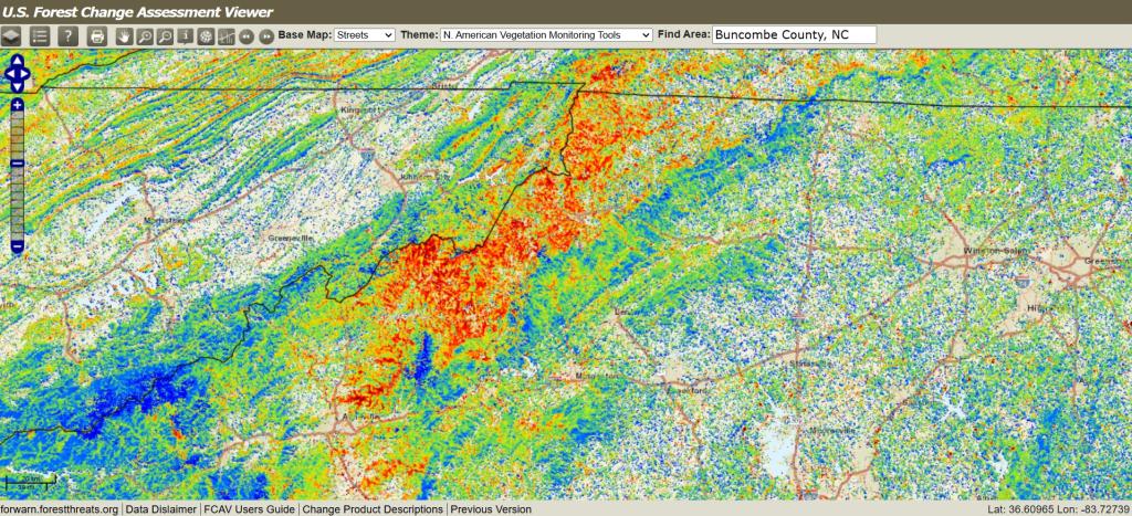 Pictured is the ForWarn vegetation tracking tool that shows where areas of red where disturbance to forest canopy occured