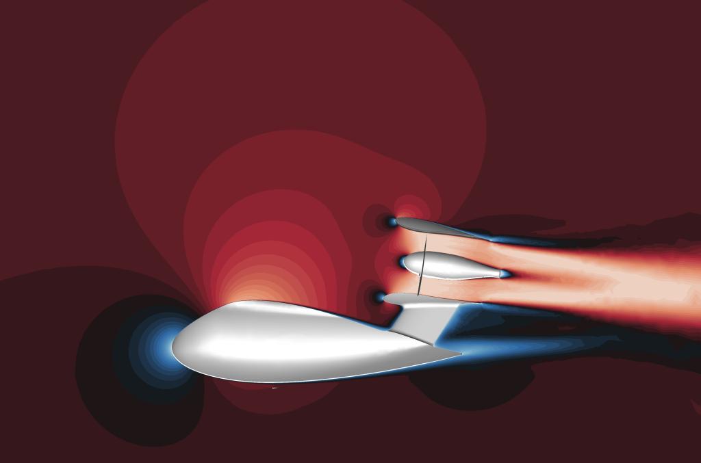 This is a drone simulation where the background is red, the white electric drone is on the bottom, lower part of the page with lights/lasers coming out to the right