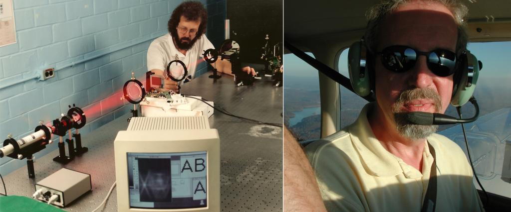 Two pictures are side by side: the left sowing a laser with red beam and an old 90's looking computer; the right is a close up of Seiber in a plane wearing a headset 