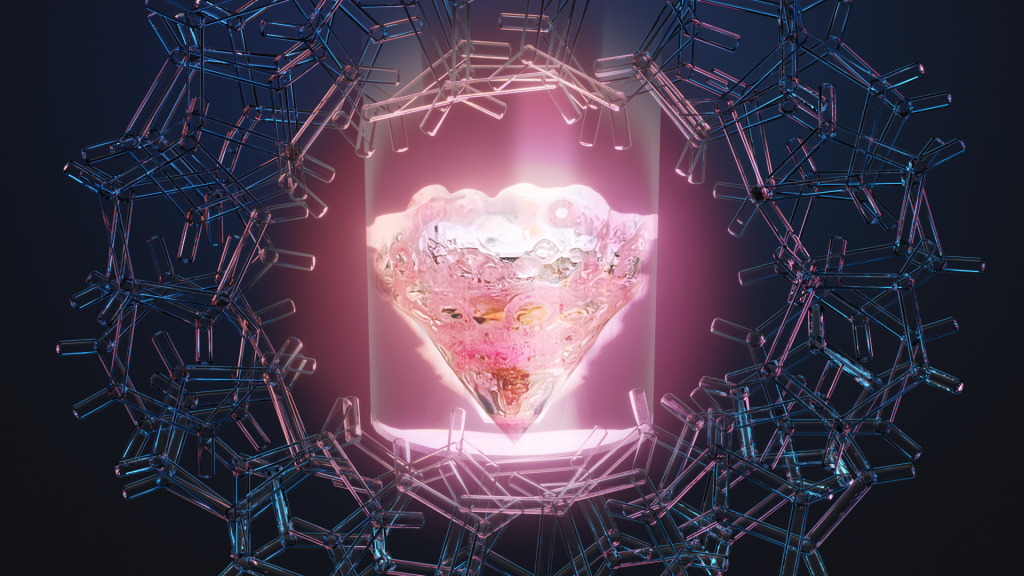 Dark blue background circling a glowing pink diamond structure.