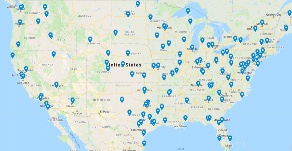 map of the United States with blue location dots to indicate placement of GridEye's frequency disturbance recorders