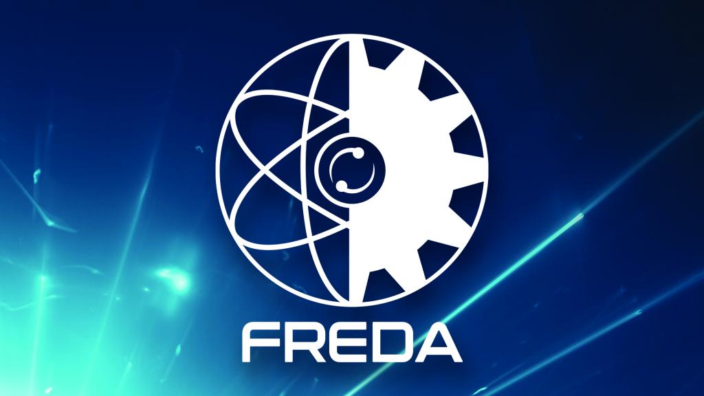 FREDA logo with a blue background and neon blue lines coming from the bottom left, plus a circle in the middle filled with half science atom symbol and half gear