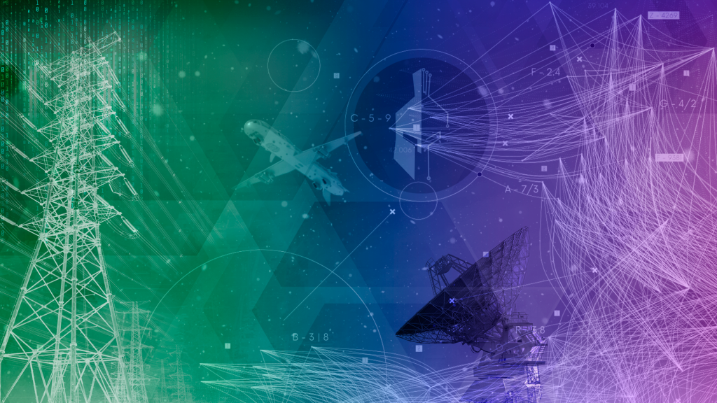 Ombre photo from green to blue to purple (left to right) showing images in the background of powerlines, airplanes and a trojan mask
