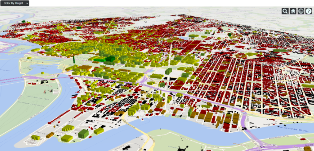 3D map of Washington, D.C. that is a weather model of neighborhood during heat waves. The map is red and green indicating which buildings are giving off more heat