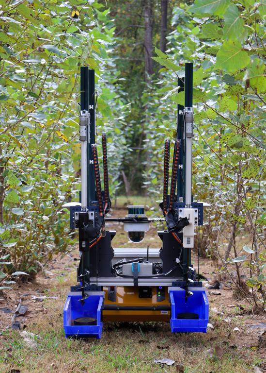 ORNL's robotic platform is sitting in a field where it can gather data on plants and soil. It's got blue wheels on the left and right.
