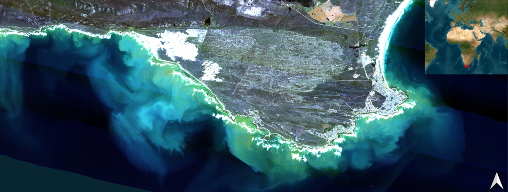 Image is an arial view of the South Africa Cape surrounded by ocean