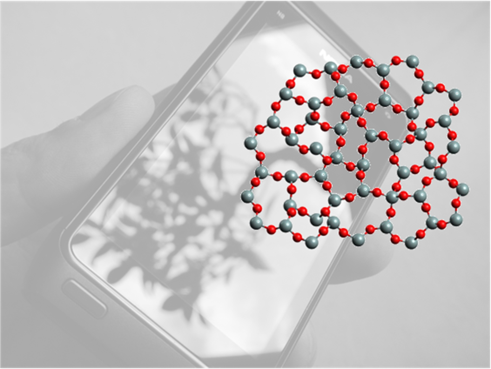 A black and white photo of a hand holding a cell phone is pictured with a grey and red dotted structure overlay