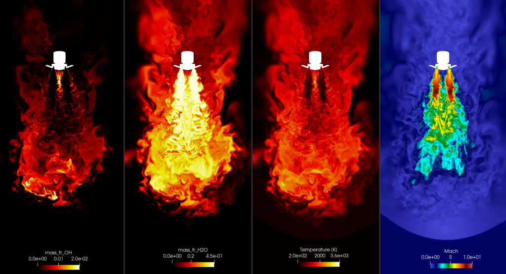 Four photos show a simulation in multiple colors ranging from orange and black on the left to a dark blue and rainbow on the right