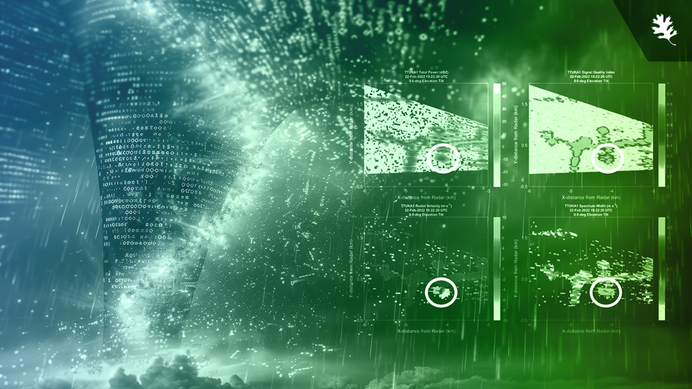Image is blue and green with the background being a building on the left, merging into the photo on the right which are pictures of doppler radar graphics