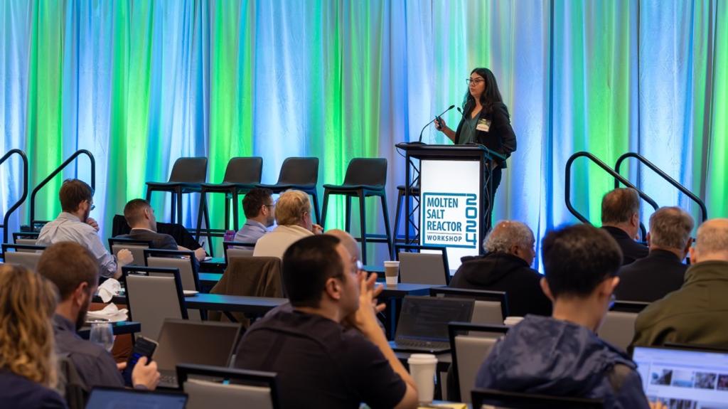ORNL’s Askin Guler Yigitoglu presents during the 2024 Molten Salt Reactor Workshop in Knoxville with a green and blue background