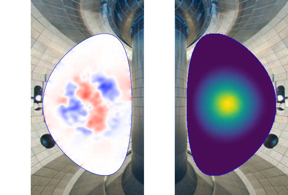 Two pictures of a rounded triangle shape are shown in mirror image. The left is white with red and purple spots in the middle while the one on the right is purple with a yellow and blue ring in the middle