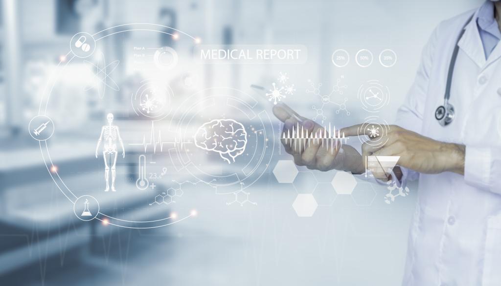 Stock image of a person in a doctor's coat pointing to white graphics if a person, world and dots, symbolizing the artificial intelligence technology used for cancer pathology