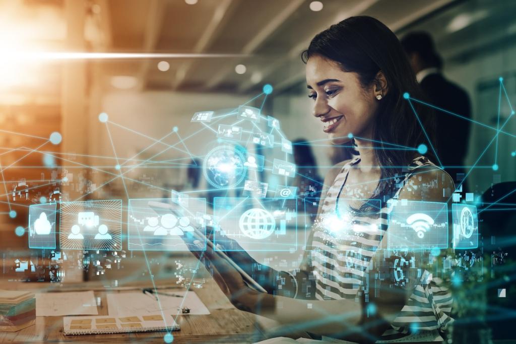 Internet, networking and digital transformation icons superimposed over woman and tablet. Image from Envato.