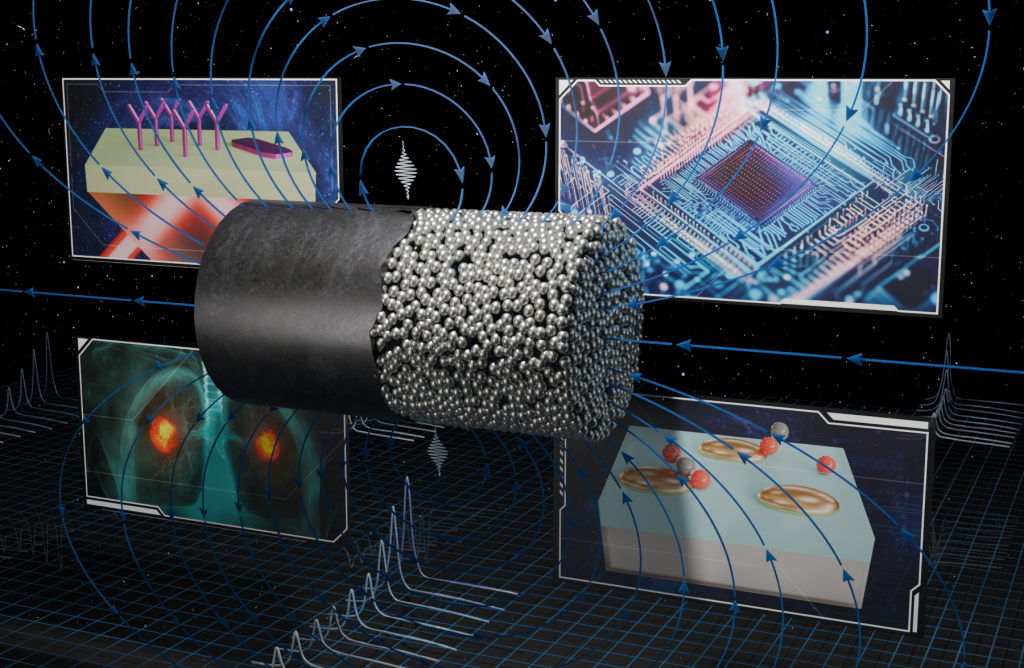 Illustration of a real-time simulation showing a metallic nanoparticle's optical response to light using RT-TDDFT. The image depicts electron oscillations and surrounding electromagnetic fields. Four inset panels represent applications: plasmon-enhanced biosensing, quantum computing, photochemical catalysis, and cancer detection through photothermal therapy.