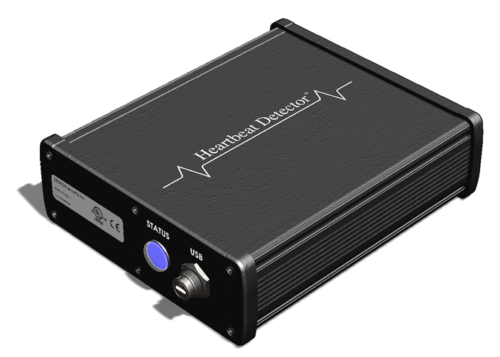 The heartbeat Detector is pictured here, which is a black rectangular box with a heartbeat line and wording on the top to reflect its name