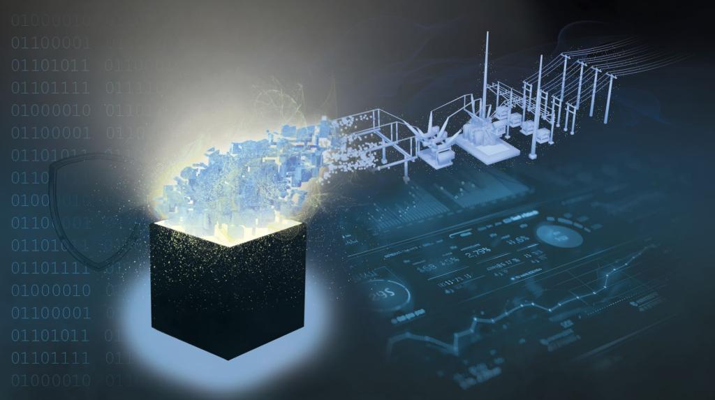 Illustration of a glowing black box emitting digital particles that form into a 3D model of an electrical grid infrastructure, set against a background of binary code and data visualizations.