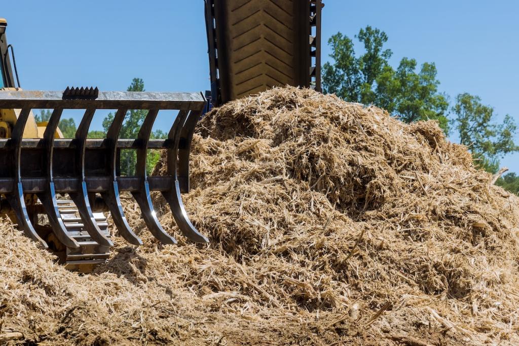 Wood chip production processing facility in the mountains in construction site area. Image from Envato