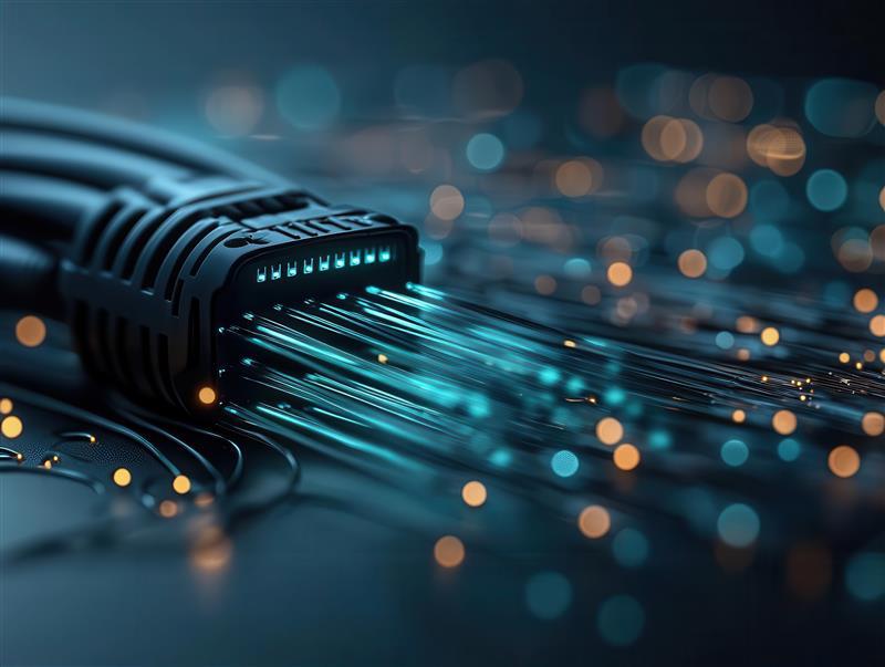 Closeup of fiber optic strands transmitting vivid blue and green light. Image from Adobe Stock