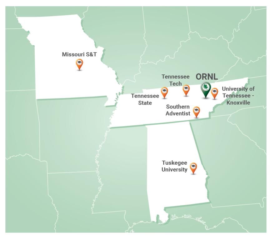 A map showing the partner institutions of the IGNITE program in TN, AL, and MO