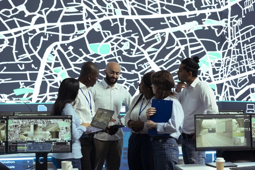 Team of operators analyzing GPS coordinates on digital map. Image from Envato