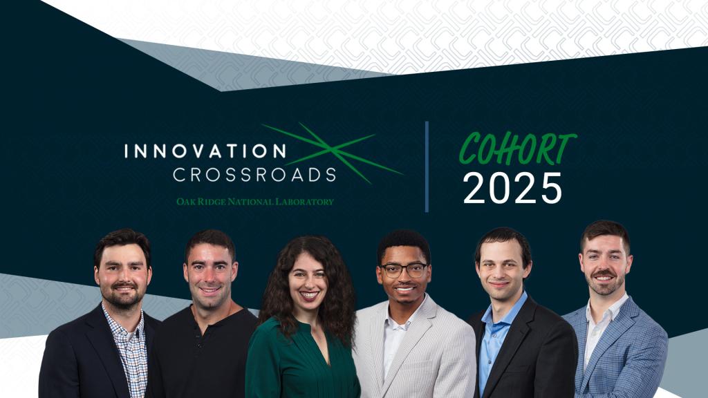 Graphic created for the "Innovations Crossroads Cohort 2025" which is stated on the screen. 6 outlines of profiles are displayed at the bottom of the image in a line.  